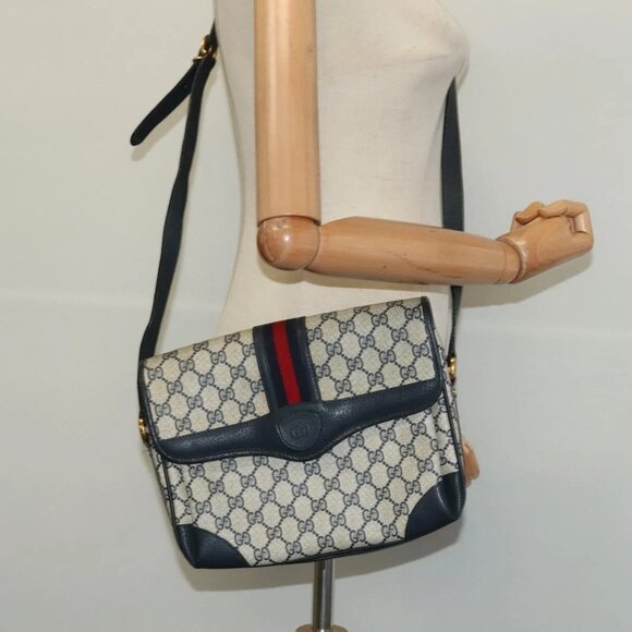 GUCCI GG Supreme Sherry Line Shoulder Bag PVC Navy Gold - Picture 1 of 16